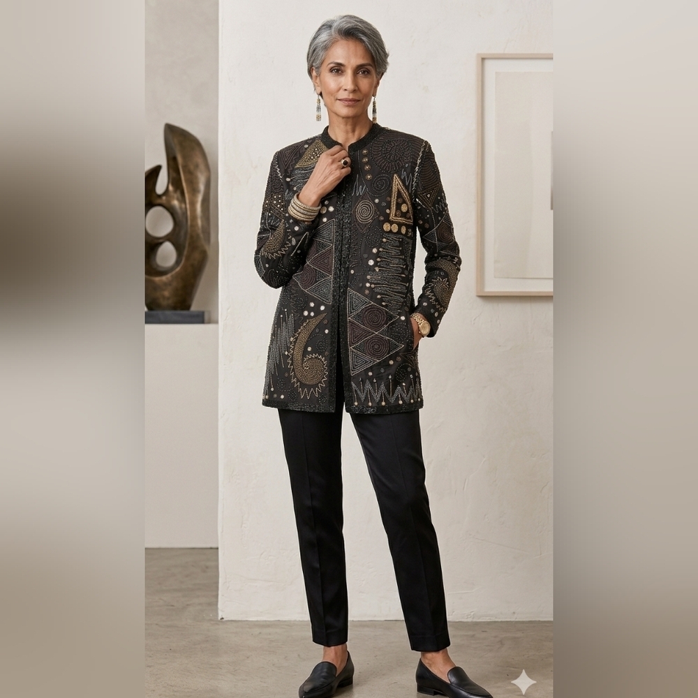 VINTAGE Embroidered Black Jean Jacket with Metallic Accents